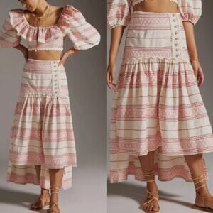 RAISSA Anthropologie A-line Striped High Low Skirt L Embroidered Cottagecore